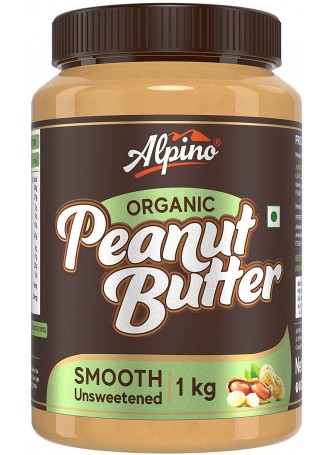 Alpino Organic Natural Peanut Butter Smooth 1 KG | Unsweetened | Made with 100% Roasted Organic Peanuts | 30% Protein | No Added Sugar | No Added Salt | No Hydrogenated Oils | Non GMO | Gluten Free | Vegan